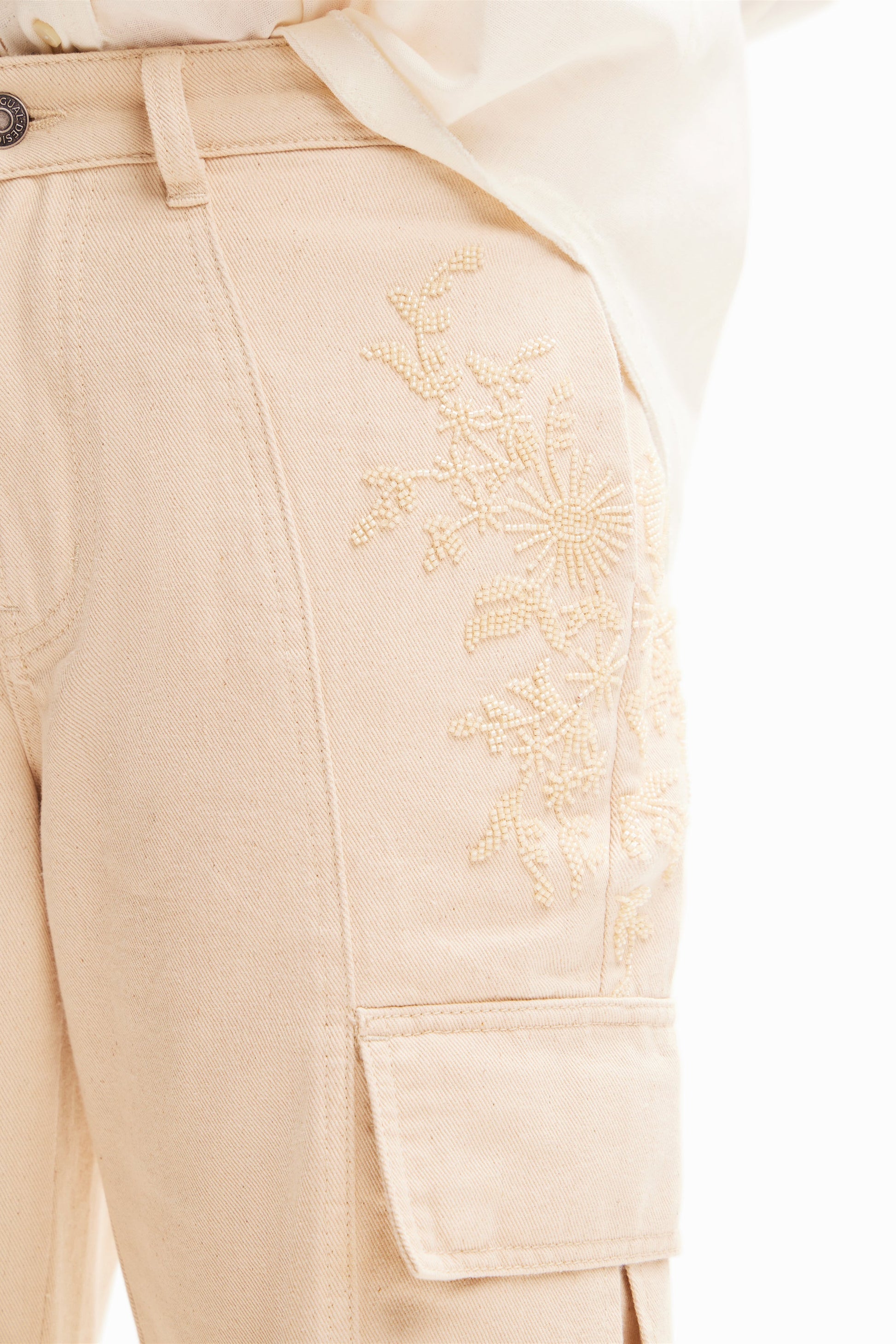Desigual Women's Beige Denim Cargo Pants with Floral Embroidery | Unique European Style Desigual