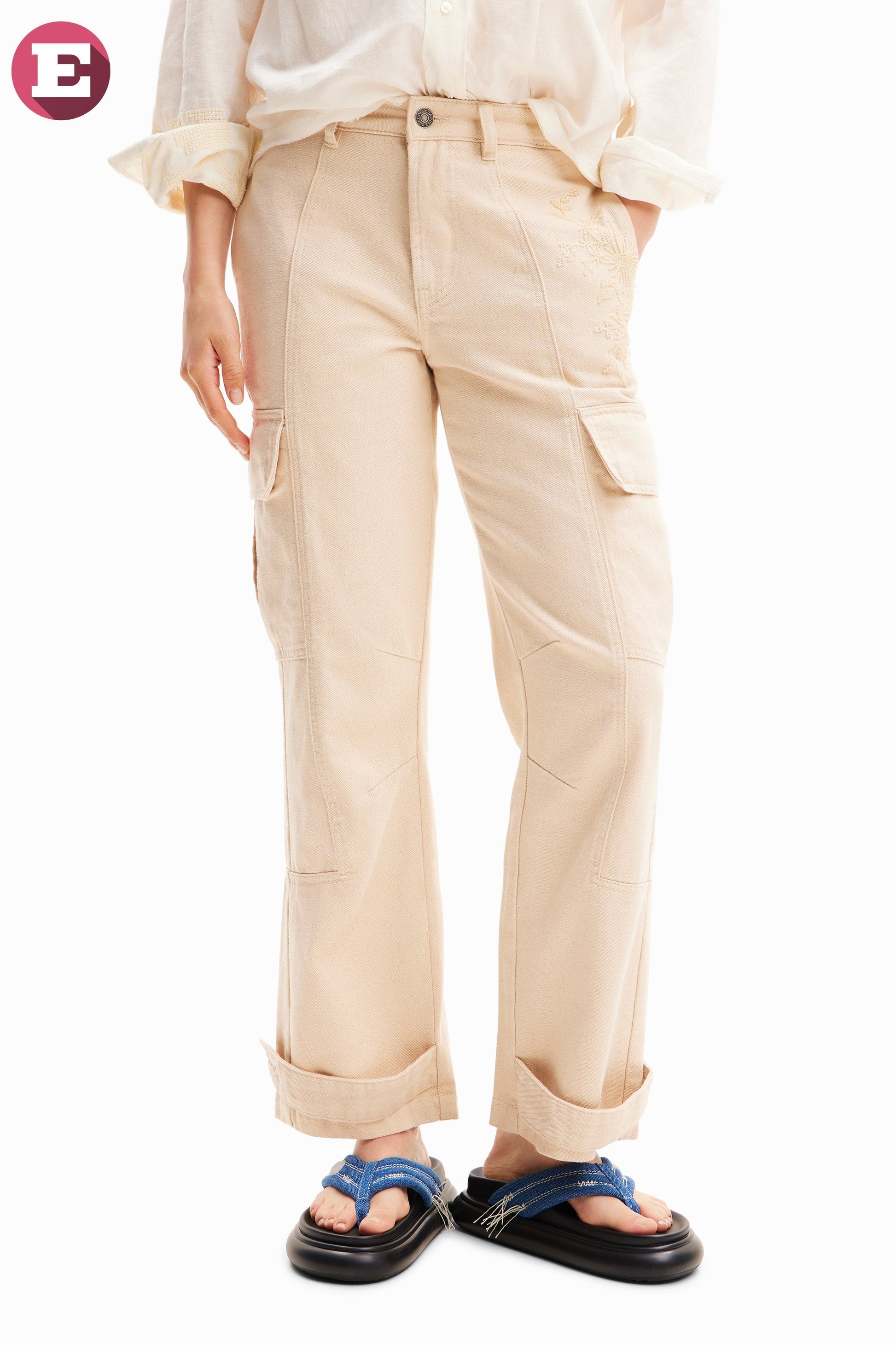Desigual Women's Beige Denim Cargo Pants with Floral Embroidery | Unique European Style Desigual