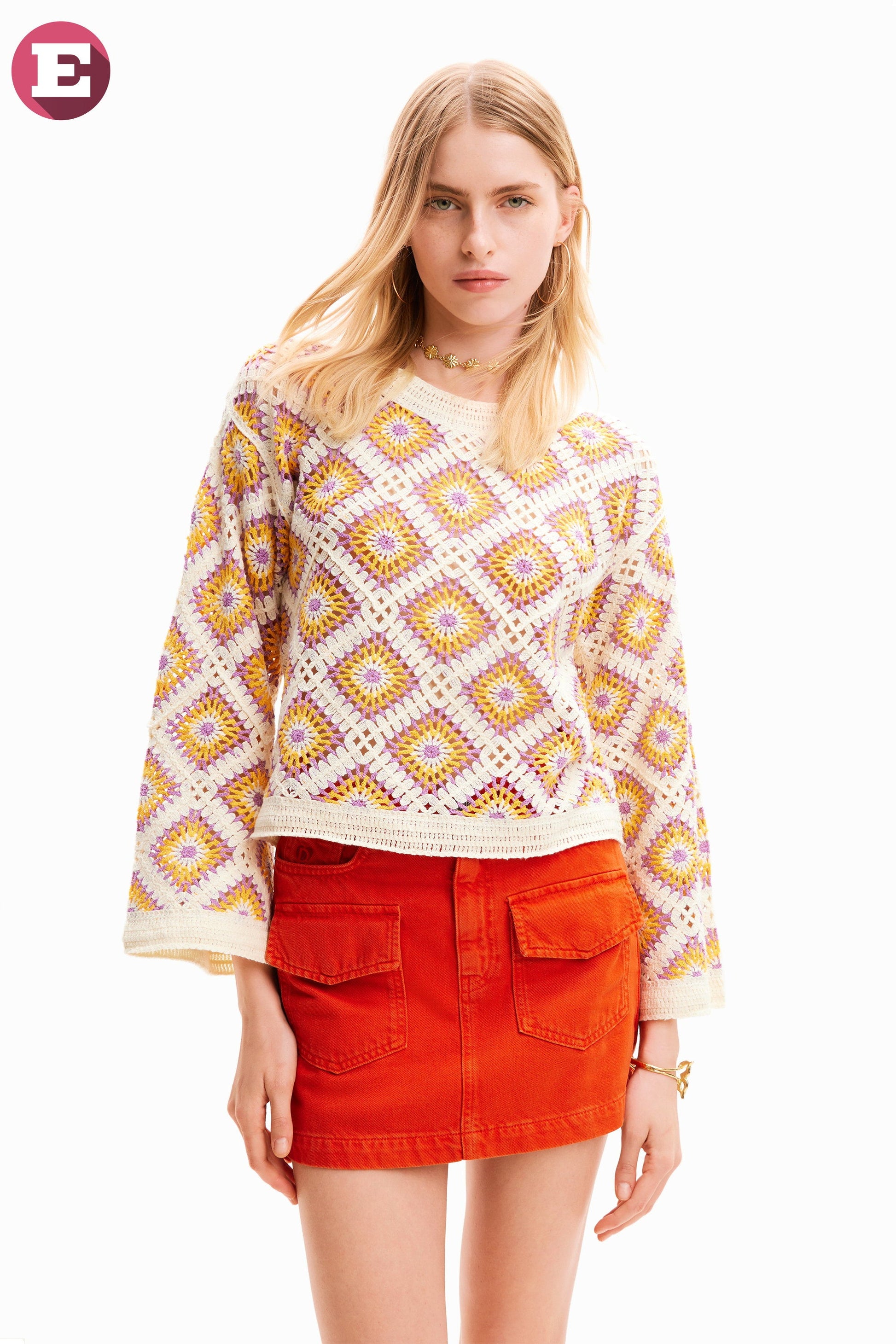 Desigual Women's Crochet Knit Pullover - Bohemian Style, Colorful Retro Design Desigual