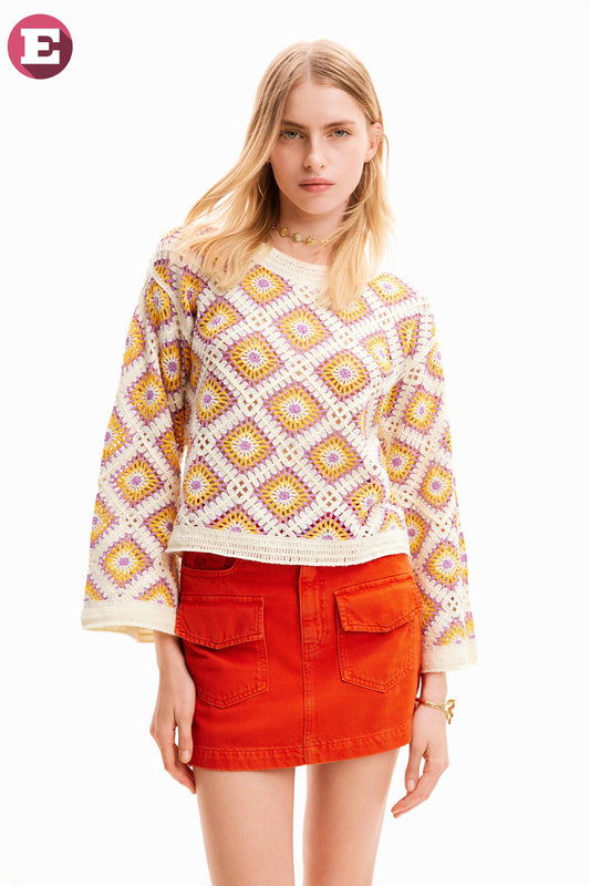 Desigual Women's Crochet Knit Pullover - Bohemian Style, Colorful Retro Design Desigual