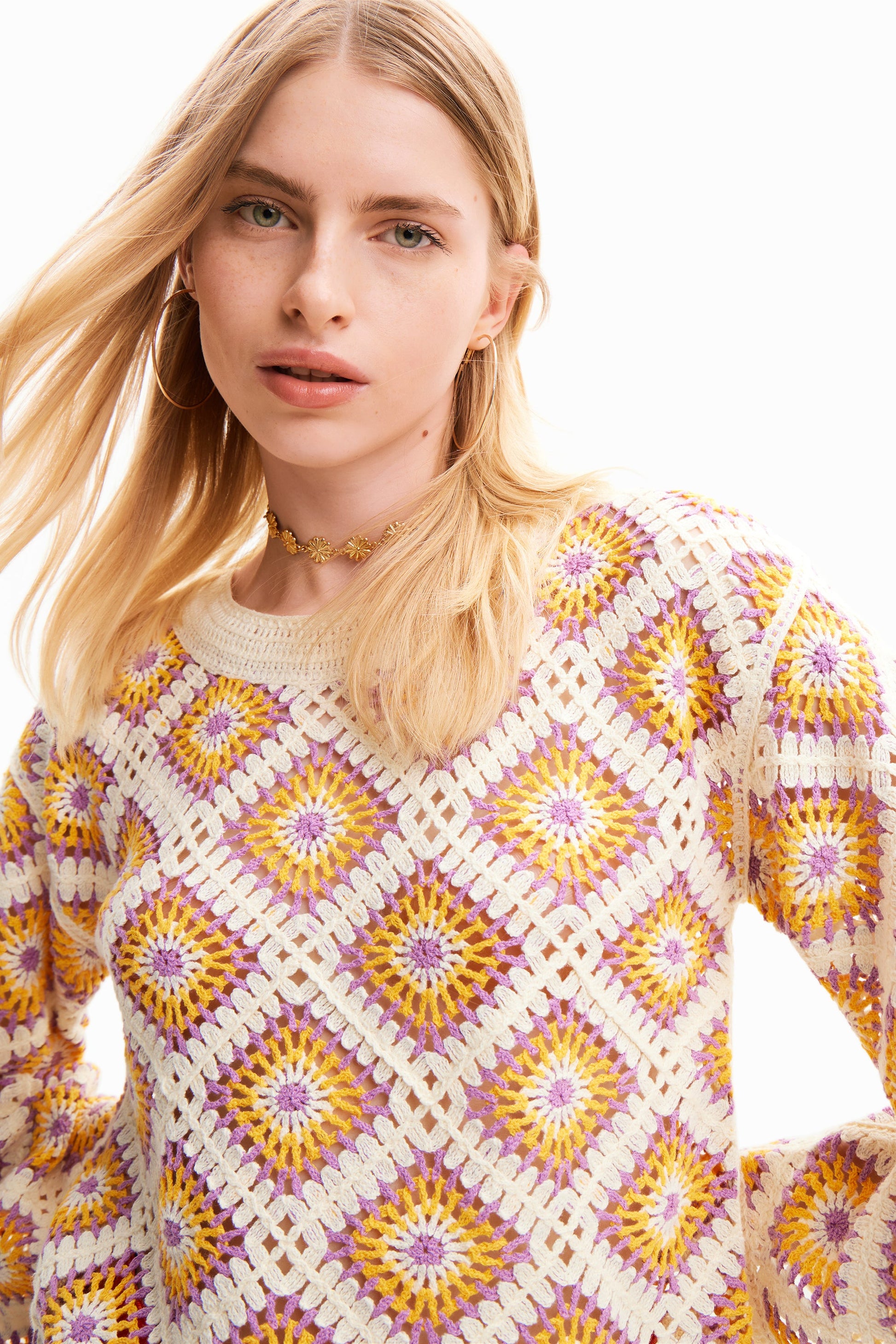 Desigual Women's Crochet Knit Pullover - Bohemian Style, Colorful Retro Design Desigual