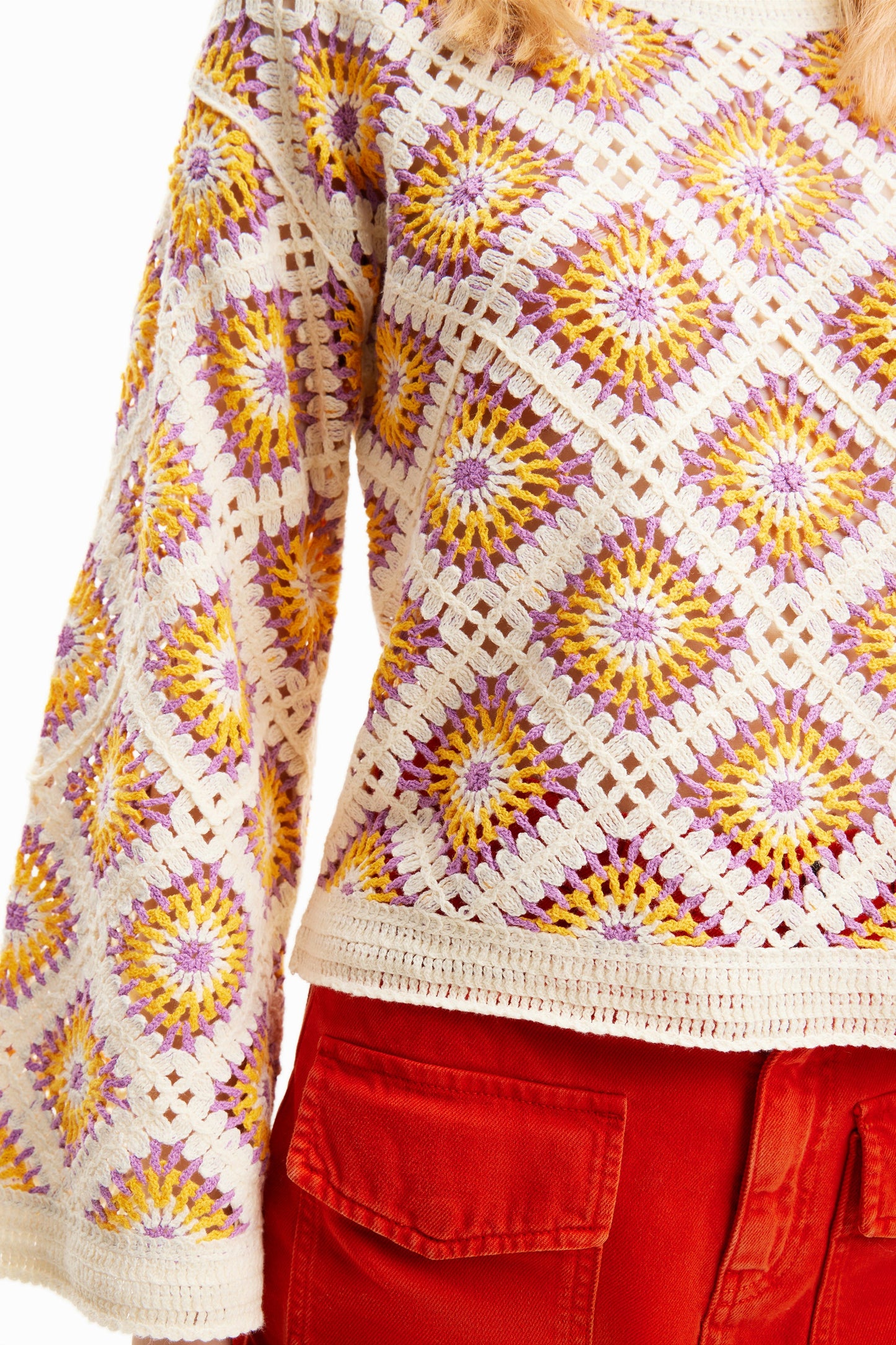 Desigual Women's Crochet Knit Pullover - Bohemian Style, Colorful Retro Design Desigual