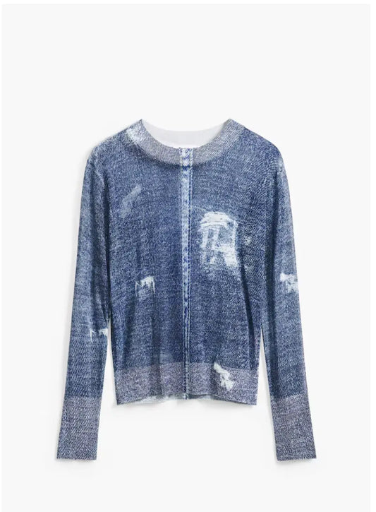 Desigual Women's Denim Print Sweater - JERS_DEMS - Unique Trompe l'Oeil Design Desigual