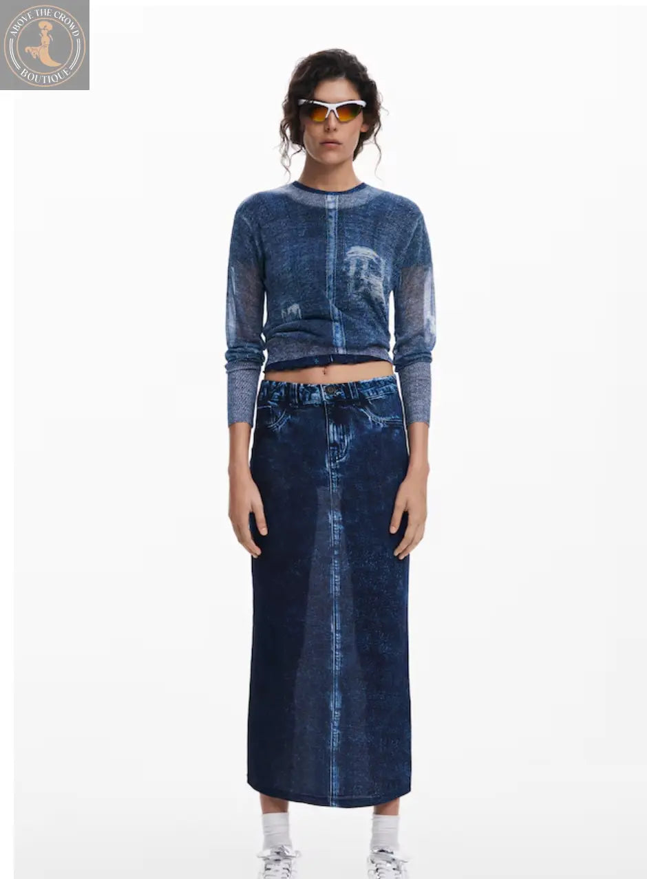 Desigual Women's Denim Print Sweater - JERS_DEMS - Unique Trompe l'Oeil Design Desigual