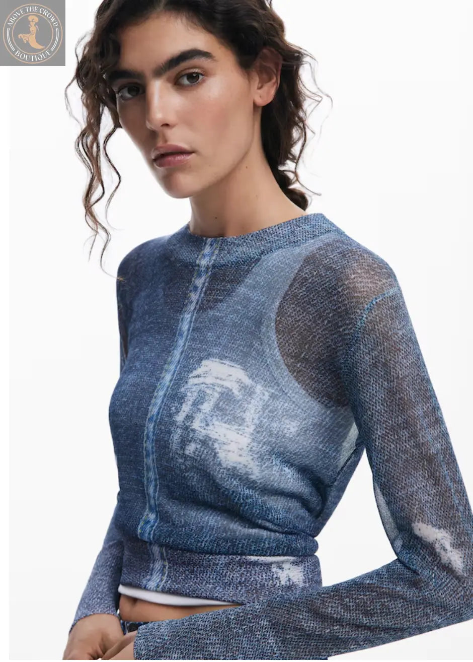 Desigual Women's Denim Print Sweater - JERS_DEMS - Unique Trompe l'Oeil Design Desigual