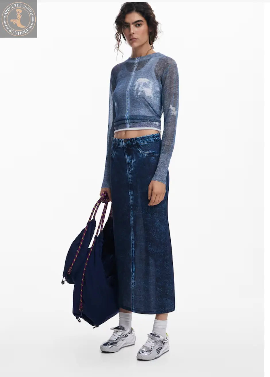 Desigual Women's Denim Print Sweater - JERS_DEMS - Unique Trompe l'Oeil Design Desigual