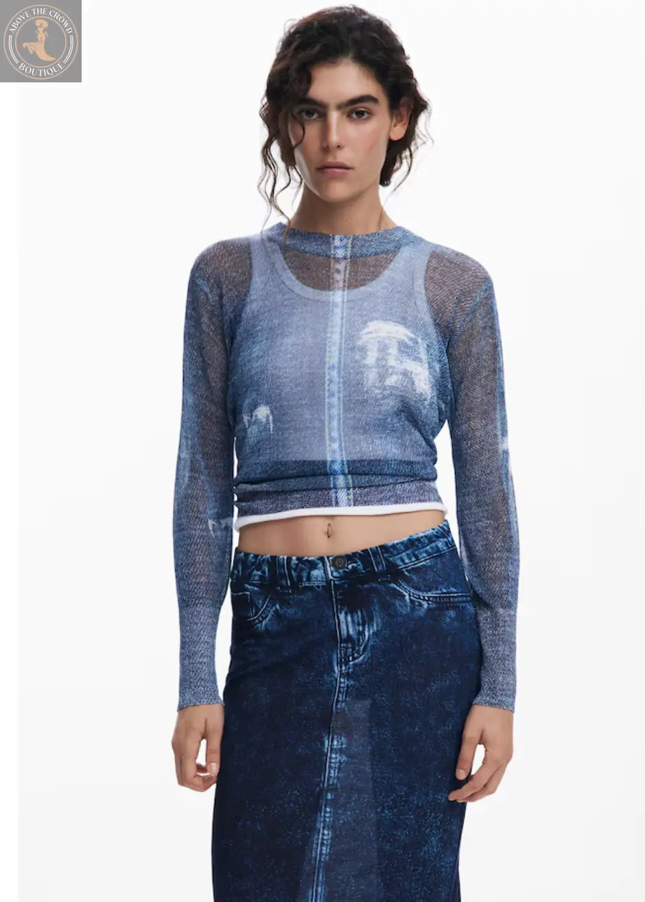 Desigual Women's Denim Print Sweater - JERS_DEMS - Unique Trompe l'Oeil Design Desigual