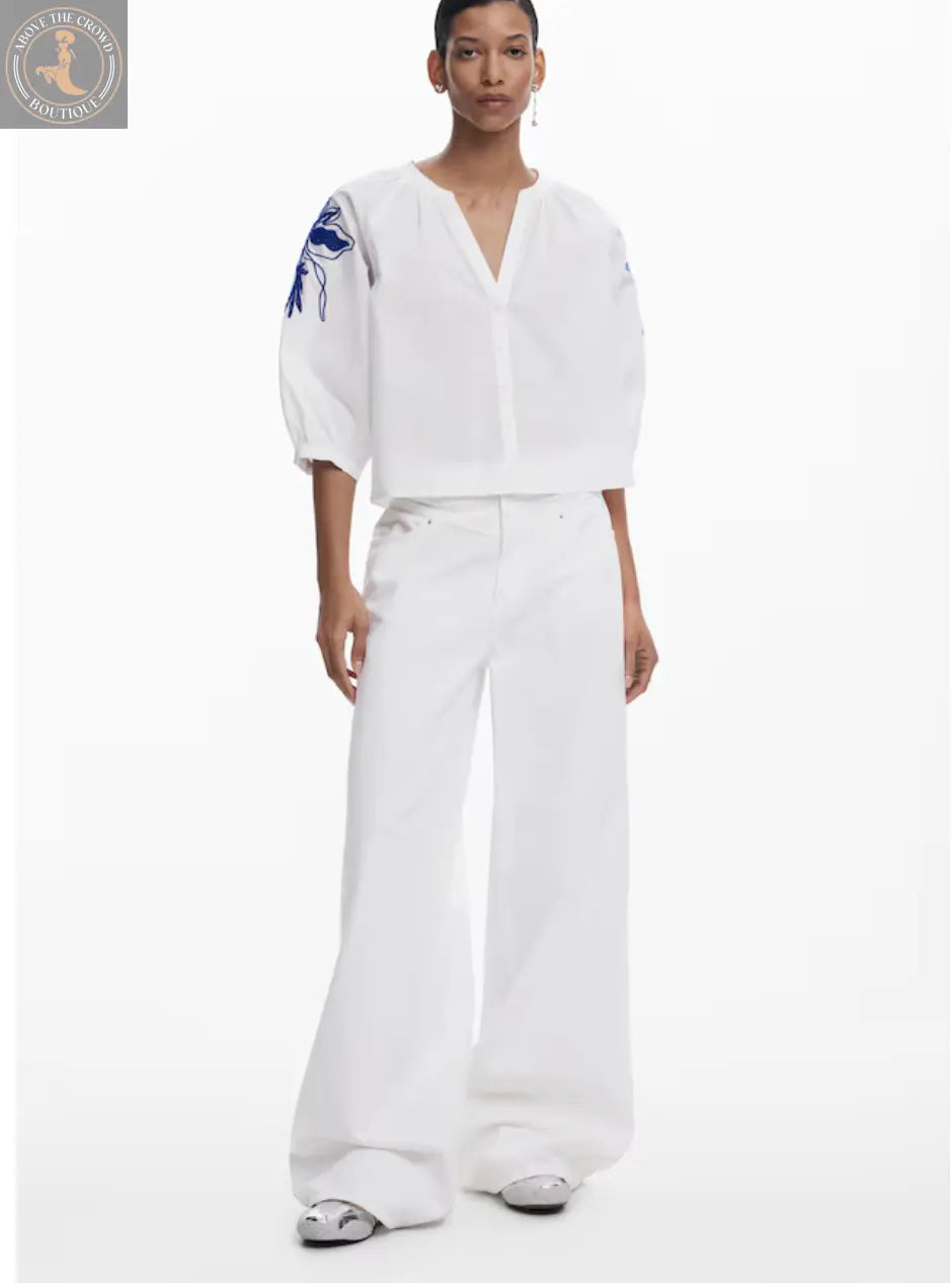 Desigual Women's Floral Embroidered Blouse - White Cotton V-Neck Top Desigual