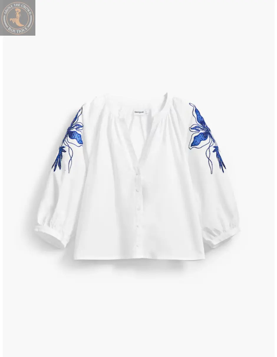 Desigual Women's Floral Embroidered Blouse - White Cotton V-Neck Top Desigual
