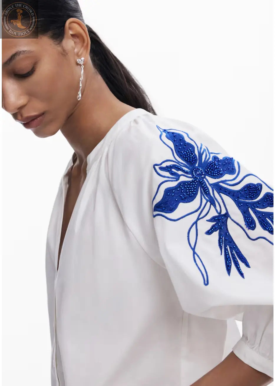 Desigual Women's Floral Embroidered Blouse - White Cotton V-Neck Top Desigual