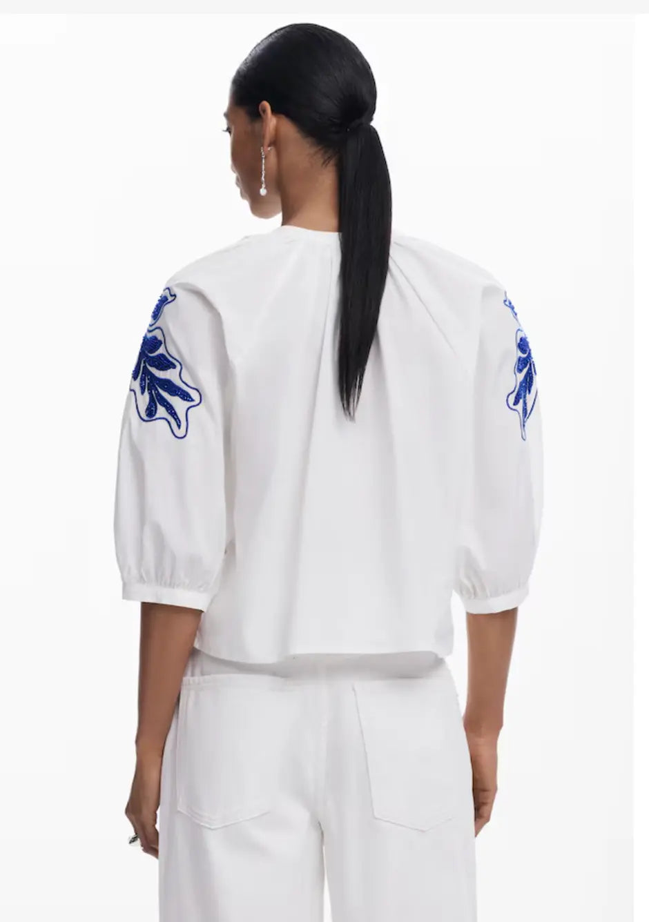 Desigual Women's Floral Embroidered Blouse - White Cotton V-Neck Top Desigual