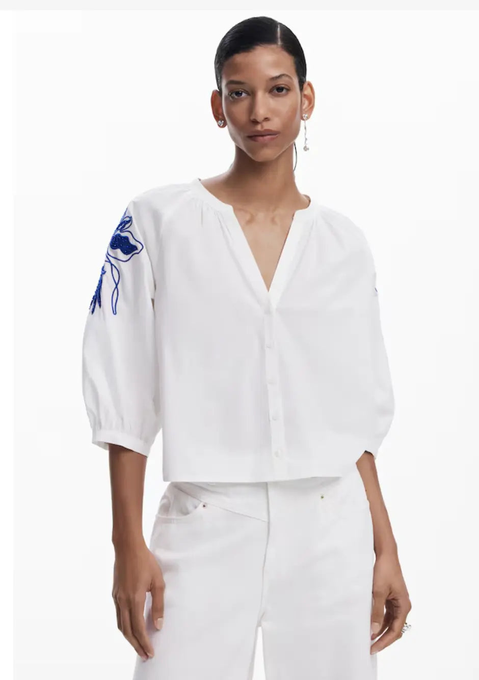 Desigual Women's Floral Embroidered Blouse - White Cotton V-Neck Top Desigual