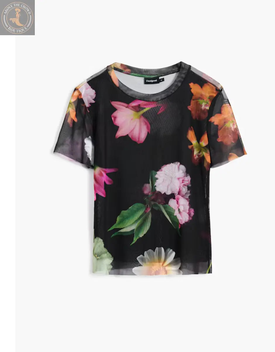 Desigual Women's Floral Mesh T-Shirt - Stylish Layering Top Desigual