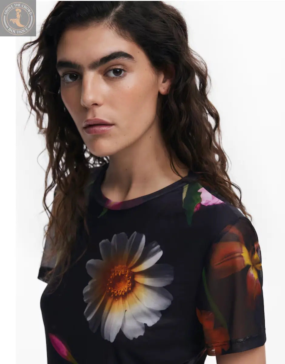 Desigual Women's Floral Mesh T-Shirt - Stylish Layering Top Desigual