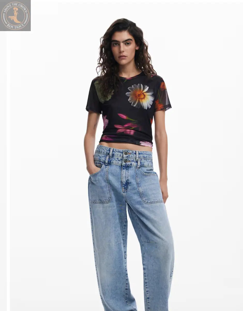 Desigual Women's Floral Mesh T-Shirt - Stylish Layering Top Desigual
