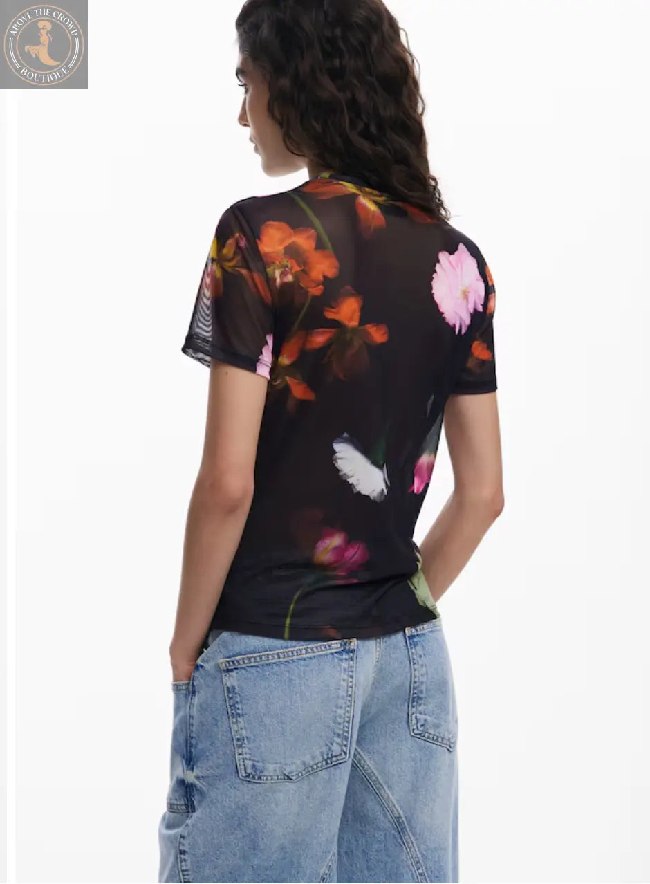 Desigual Women's Floral Mesh T-Shirt - Stylish Layering Top Desigual