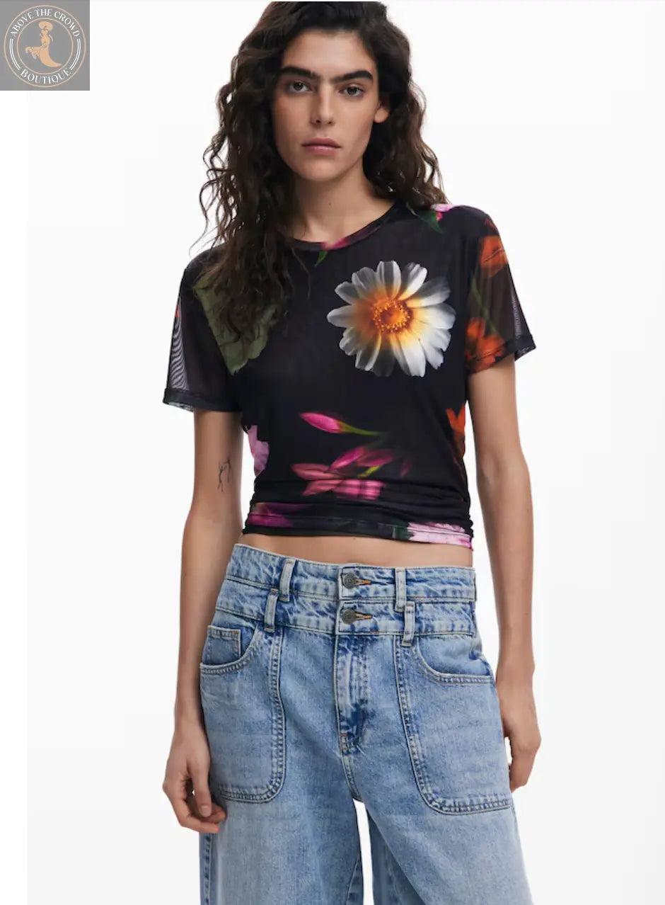 Desigual Women's Floral Mesh T-Shirt - Stylish Layering Top Desigual