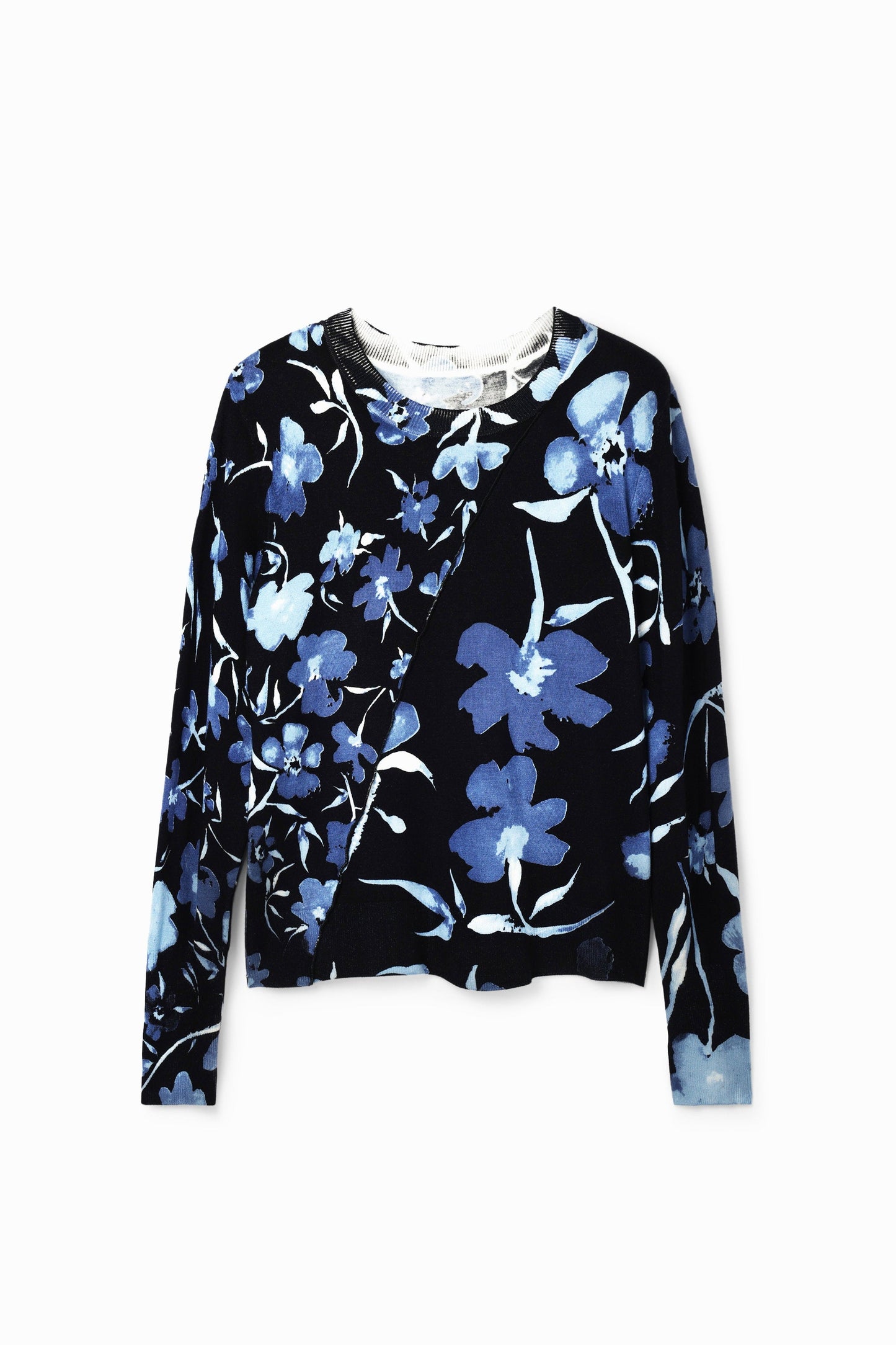 Desigual Women's Floral Pullover Sweater - Blue & Black - Relaxed Fit - Unique Style Desigual