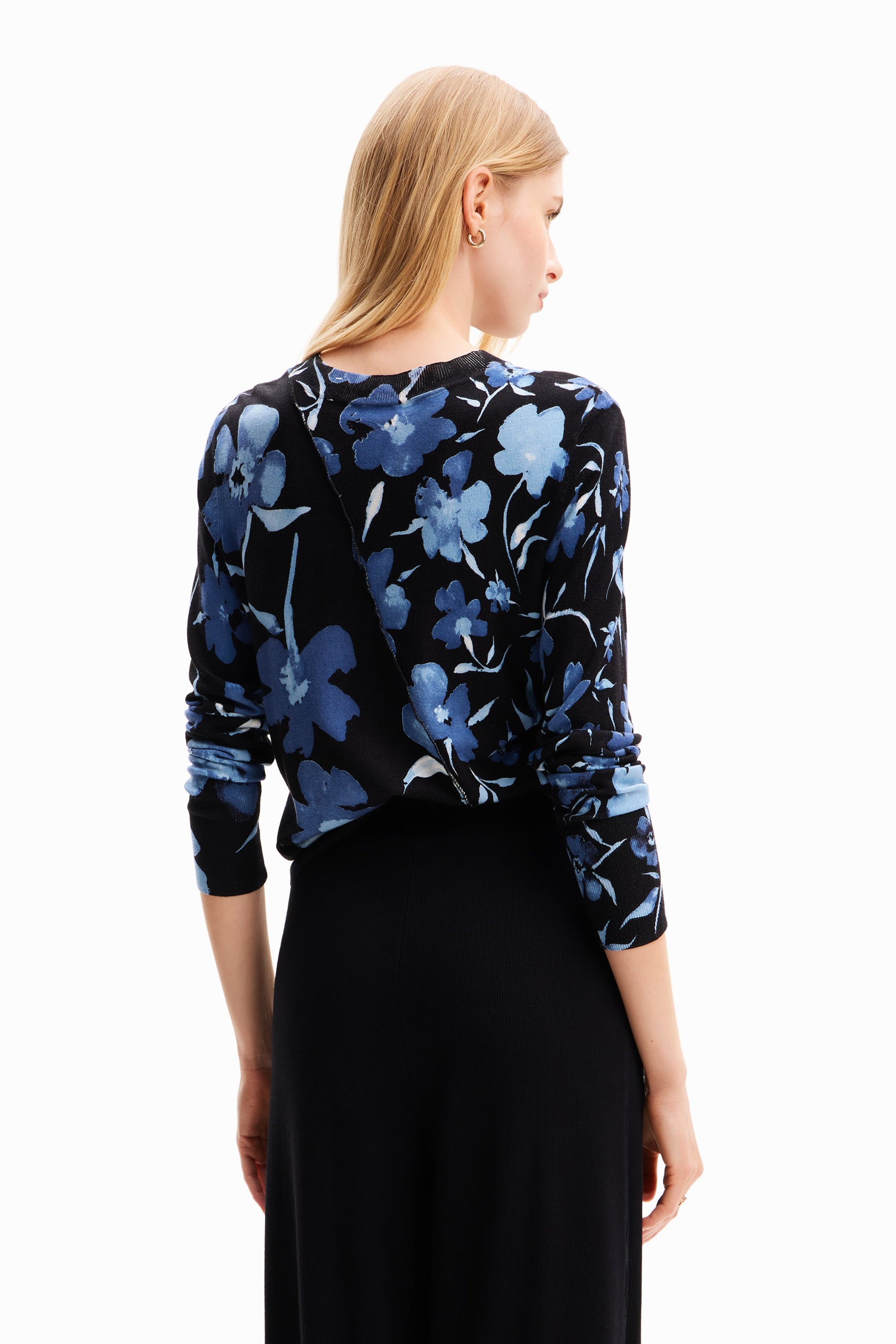 Desigual Women's Floral Pullover Sweater - Blue & Black - Relaxed Fit - Unique Style Desigual