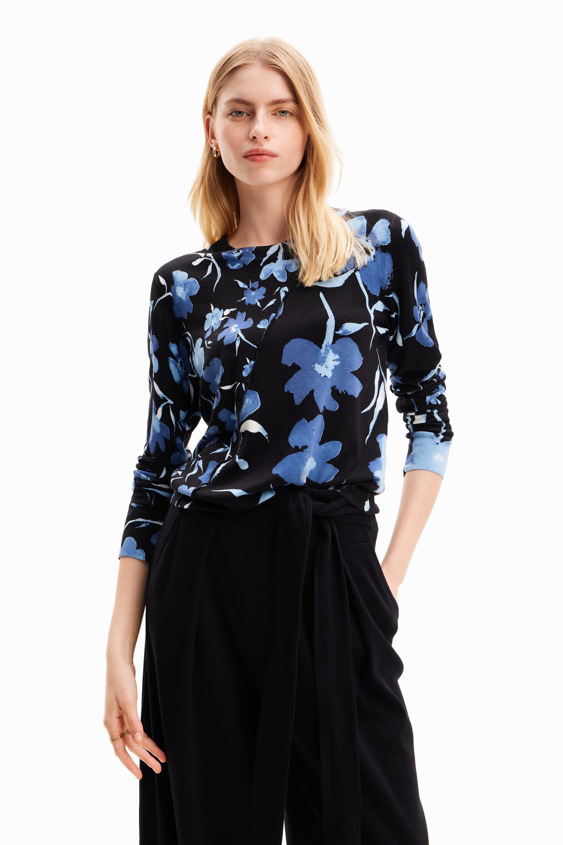Desigual Women's Floral Pullover Sweater - Blue & Black - Relaxed Fit - Unique Style Desigual