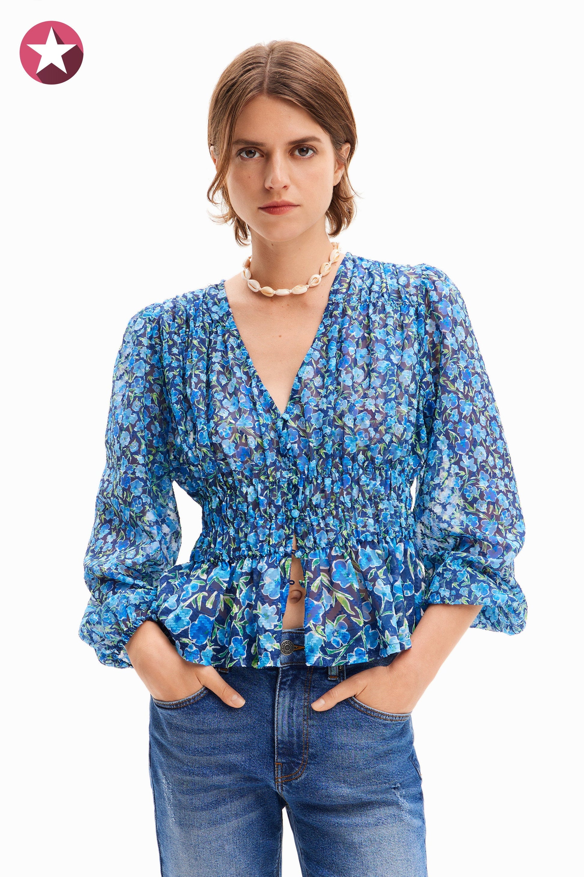 Desigual Women's Floral Woven Blouse - Long Sleeve, Unique European Style Desigual