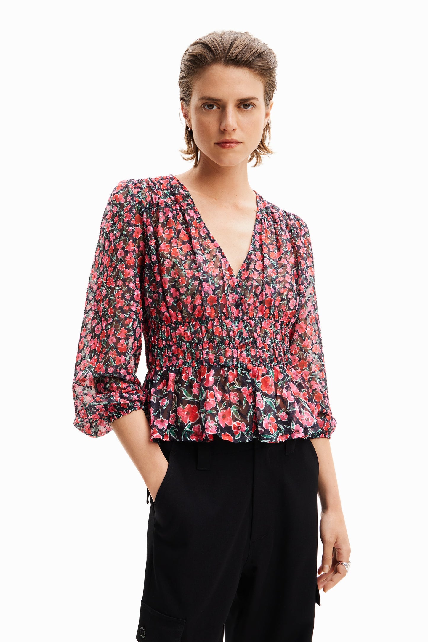 Desigual Women's Floral Woven Blouse - Long Sleeve, Unique European Style Desigual
