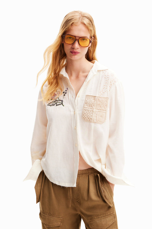 Desigual Women's Ivory Embroidered Shirt - Long Sleeve Woven Top Desigual