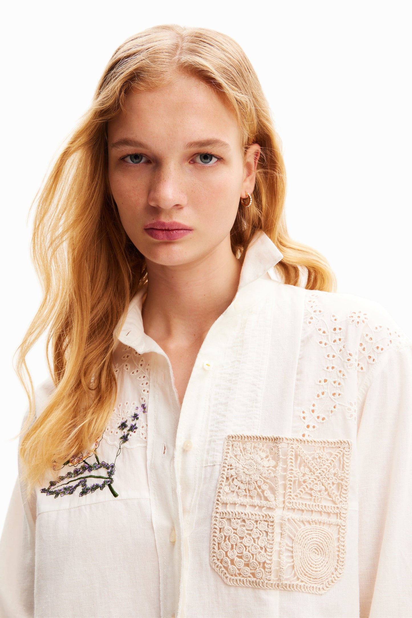 Desigual Women's Ivory Embroidered Shirt - Long Sleeve Woven Top Desigual
