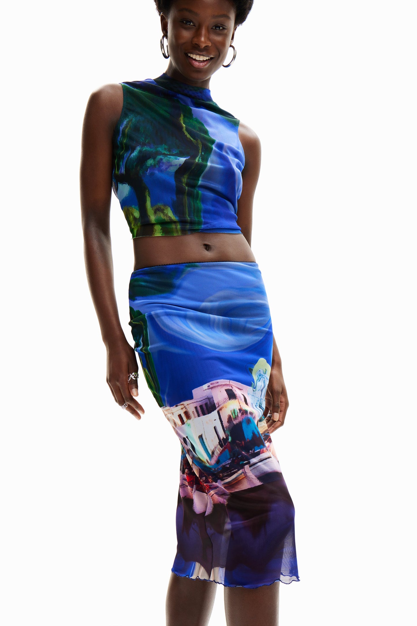 Desigual Women's Knit Tube Skirt - Vibrant Abstract Print, Bodycon Midi Skirt Desigual