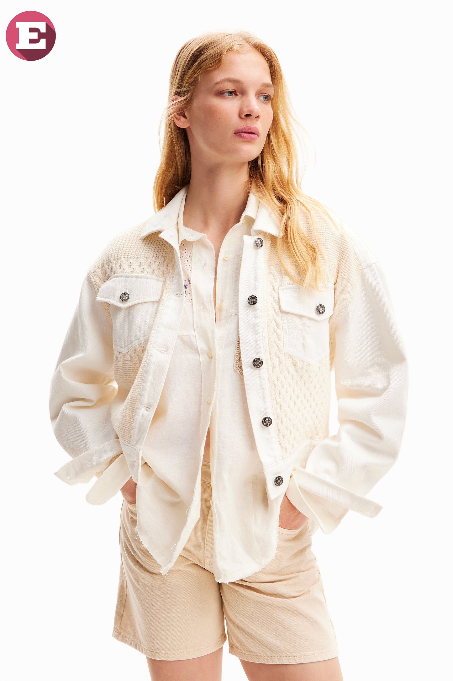 Desigual Women's Off-White Denim Tracker Jacket - Knitted Contrast, European Style Desigual