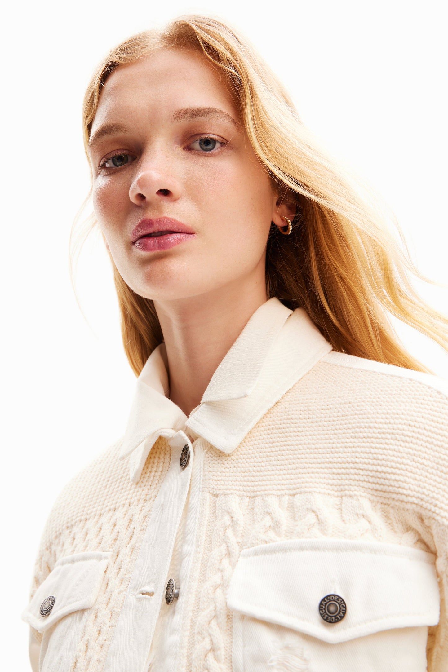 Desigual Women's Off-White Denim Tracker Jacket - Knitted Contrast, European Style Desigual