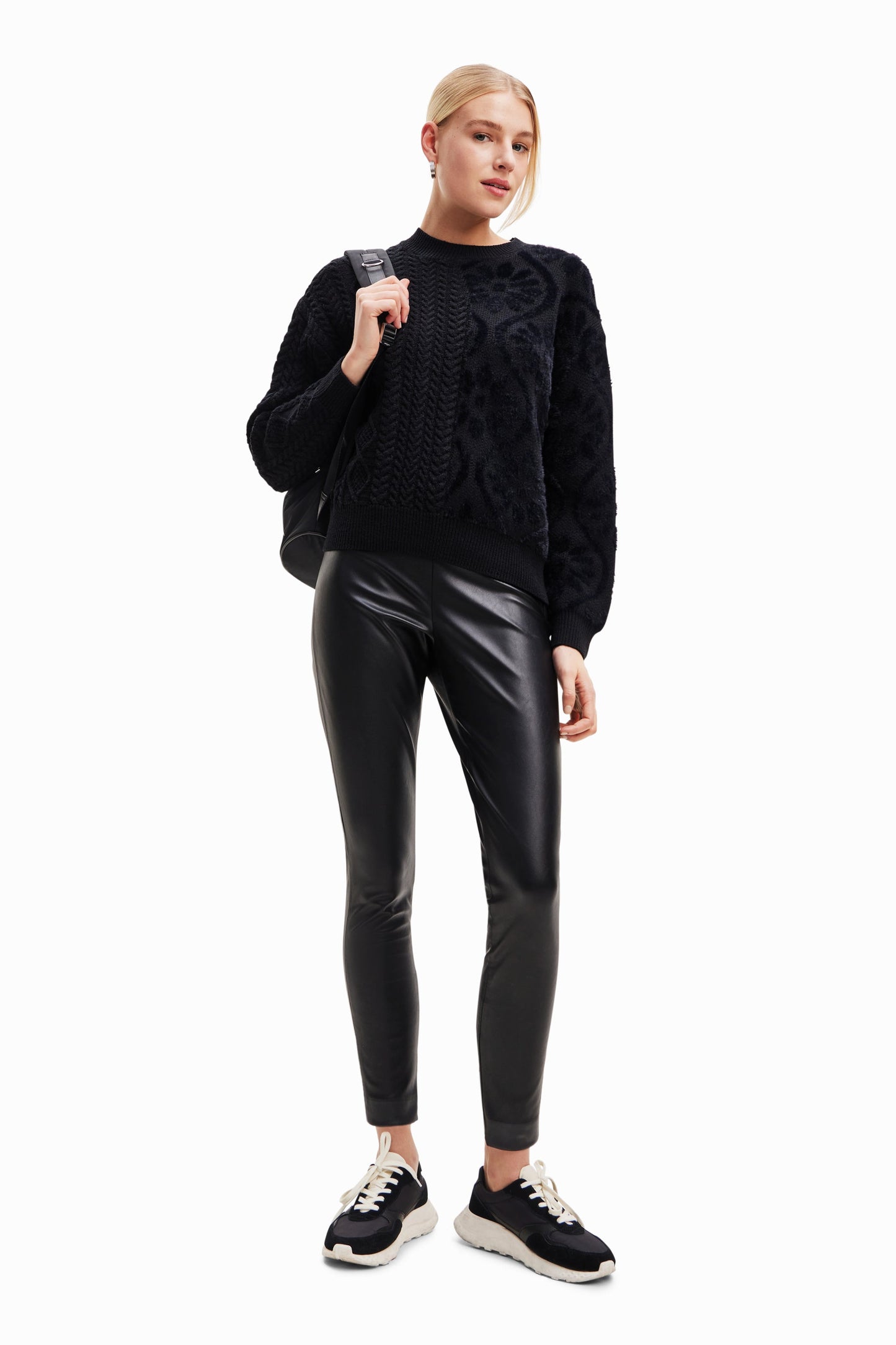 Desigual Women's Oversized Combination Knit Pullover - Unique Fur & Jacquard Sweater Desigual