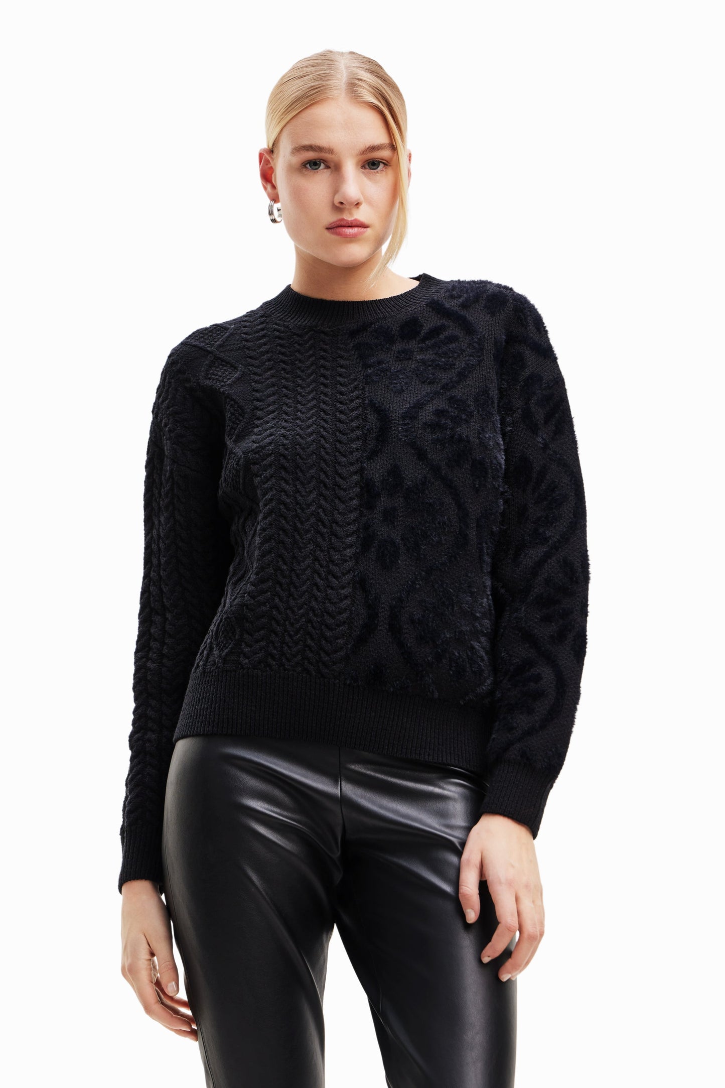 Desigual Women's Oversized Combination Knit Pullover - Unique Fur & Jacquard Sweater Desigual
