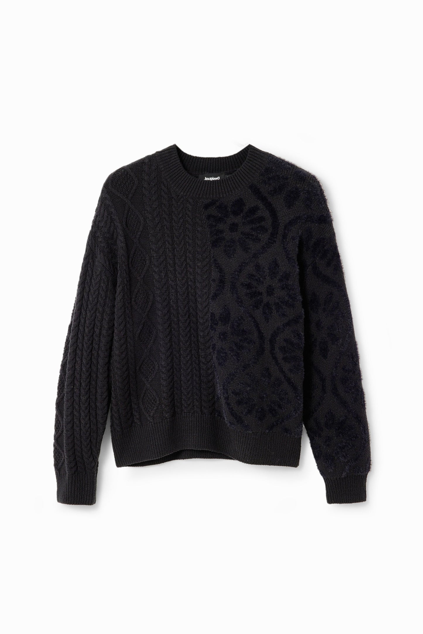 Desigual Women's Oversized Combination Knit Pullover - Unique Fur & Jacquard Sweater Desigual