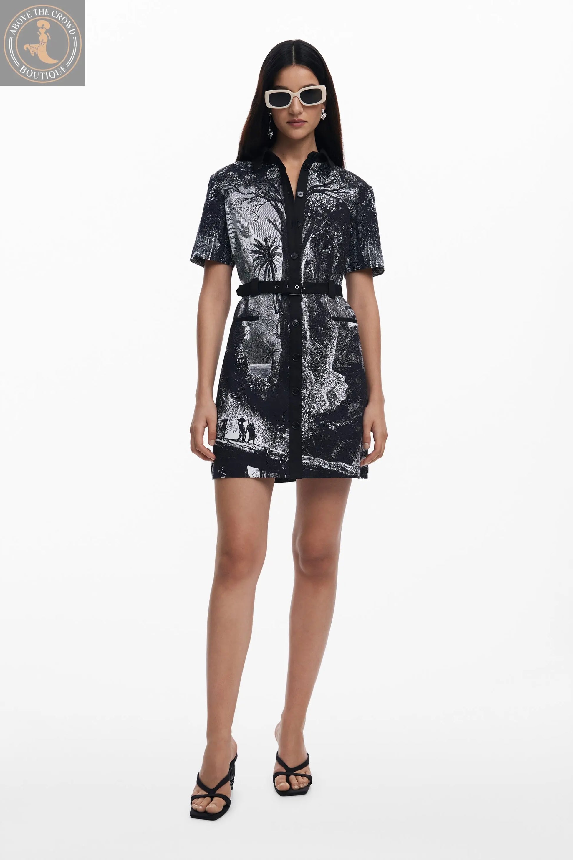 Desigual Women's Tropic Lithography Shirt Dress - Monochrome Print Mini Dress Desigual