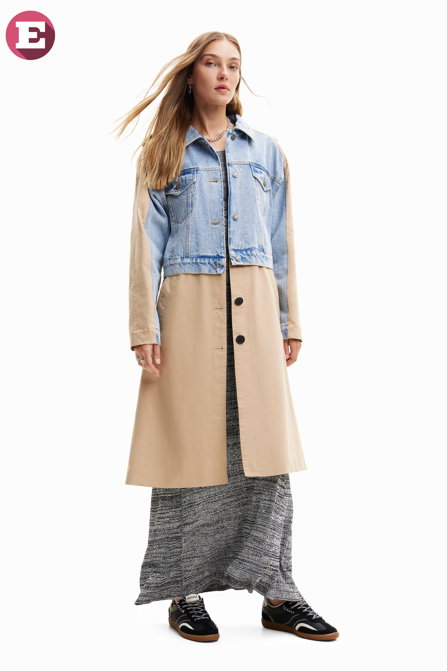 Desigual Women's Two-Tone Denim & Beige Woven Trench Coat - Unique European Style Desigual