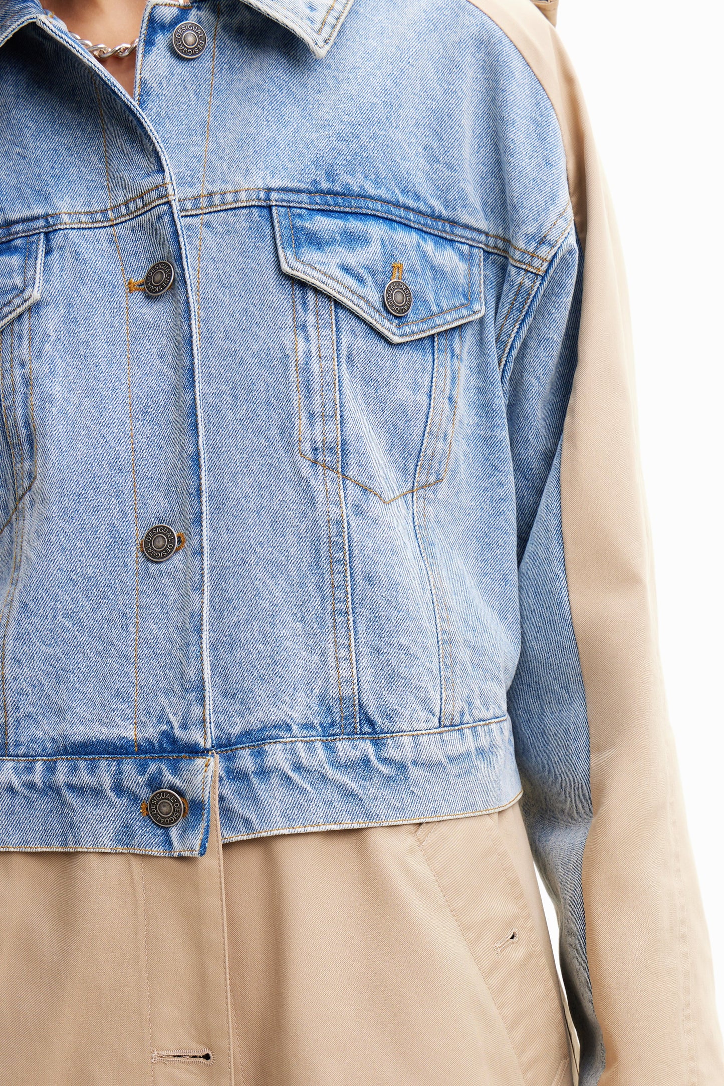 Desigual Women's Two-Tone Denim & Beige Woven Trench Coat - Unique European Style Desigual