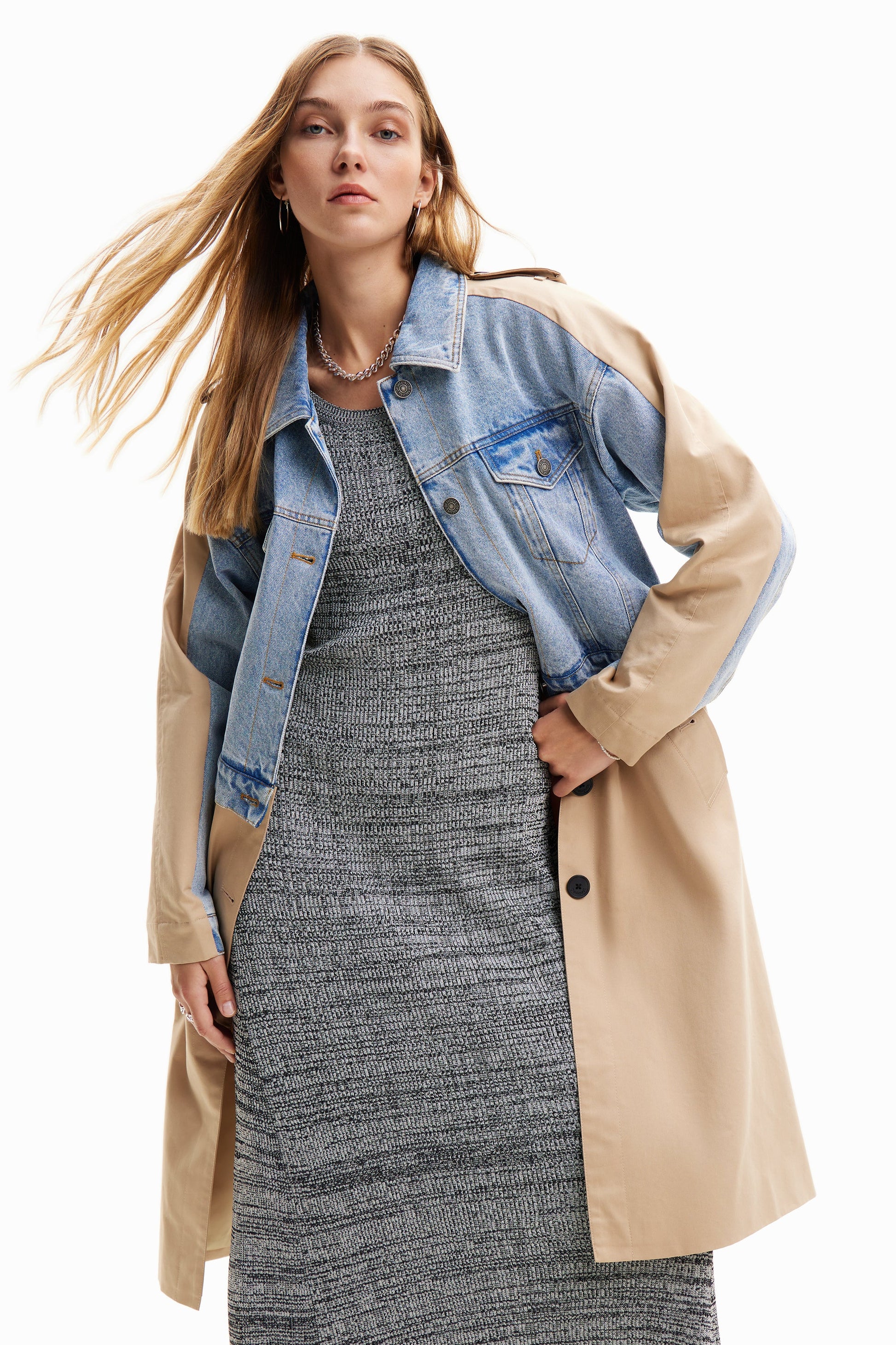 Desigual Women's Two-Tone Denim & Beige Woven Trench Coat - Unique European Style Desigual