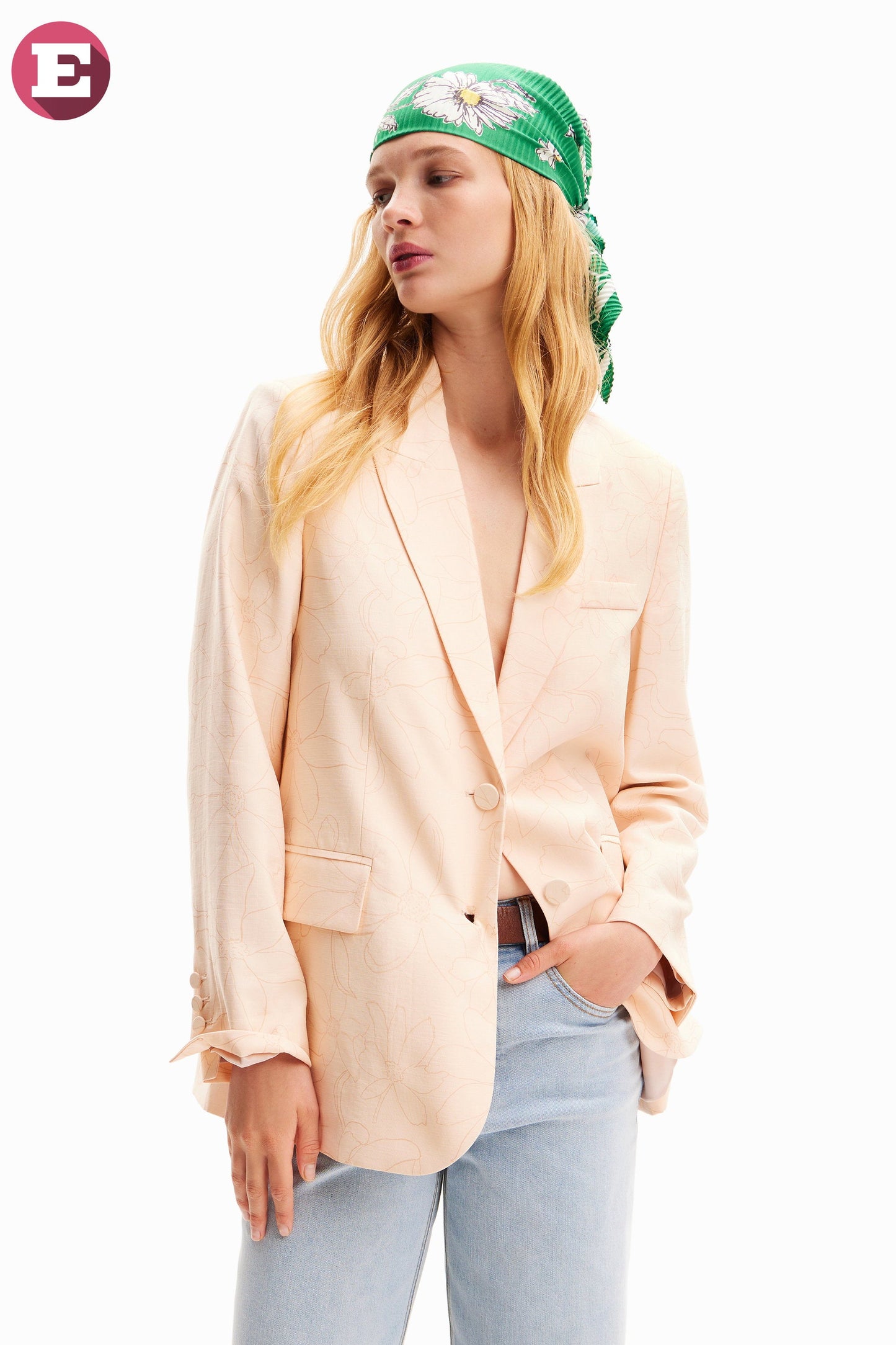 Desigual Women's Woven Floral Blazer - Light Peach, Oversized Fit - Elevate Your Style Above The Crowd Desigual