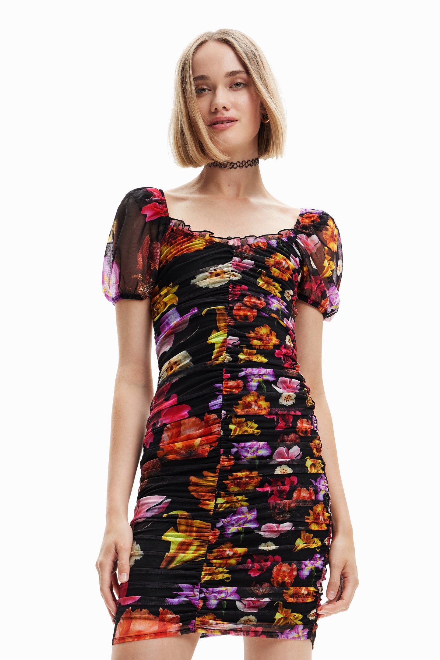 Desigual x Lacroix Floral Ruched Dress - Puff Sleeve Mini Dress - 23SWVK80 Desigual