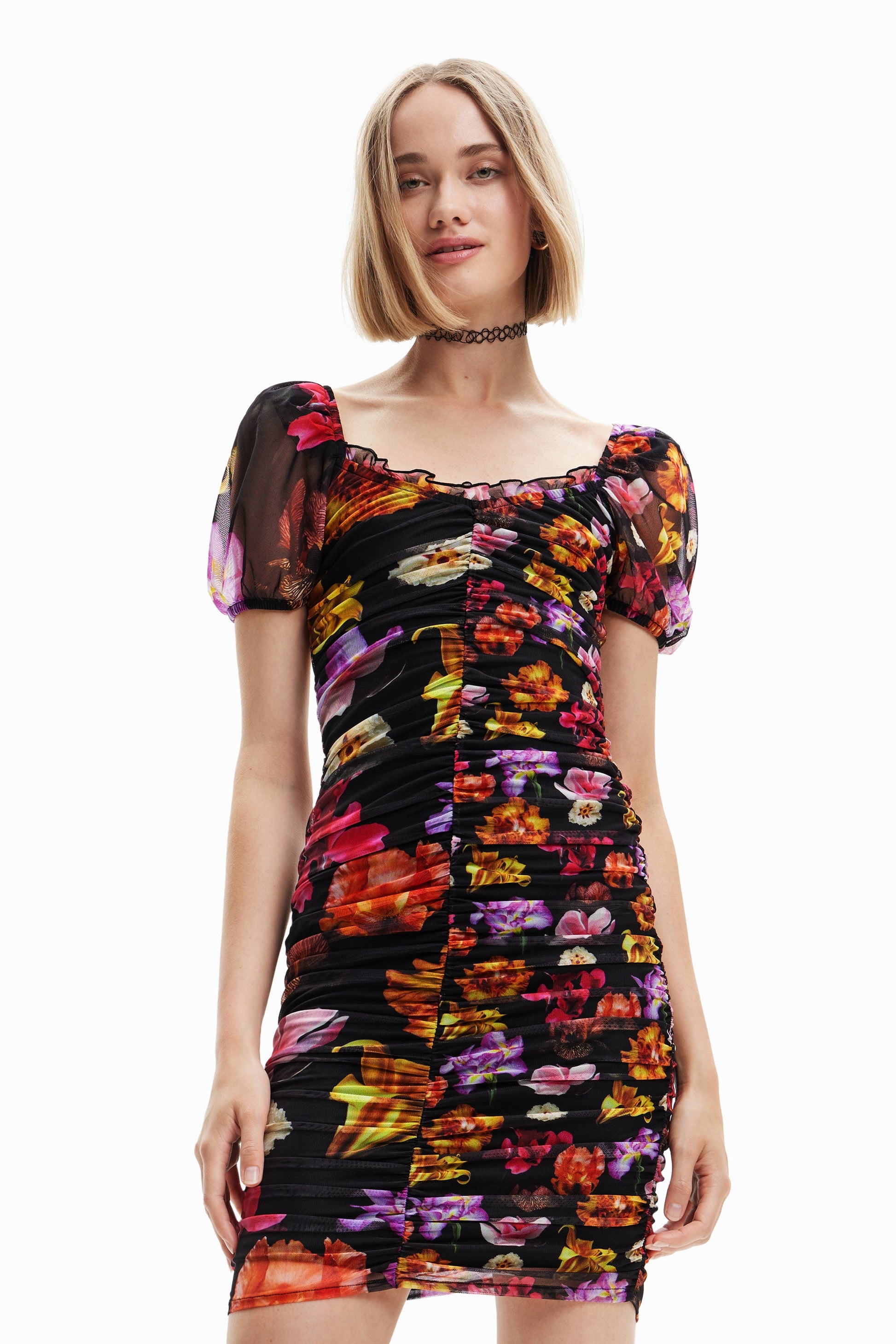 Desigual x Lacroix Floral Ruched Dress - Puff Sleeve Mini Dress - 23SWVK80 Desigual