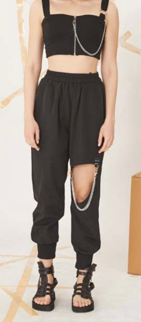 Edgy Woven Pants with Chain Detail - H-4 Women's Unique Trousers H-4