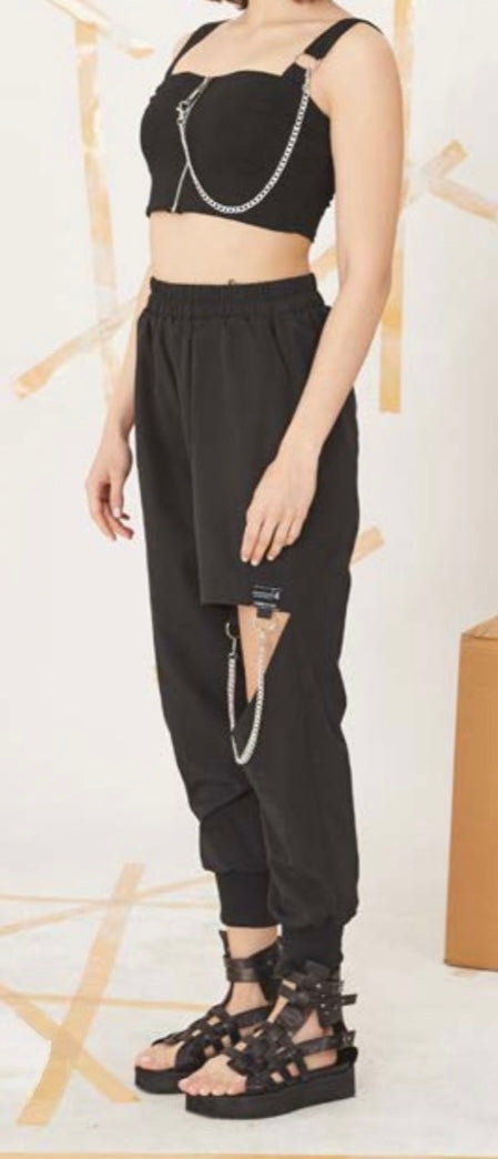 Edgy Woven Pants with Chain Detail - H-4 Women's Unique Trousers H-4