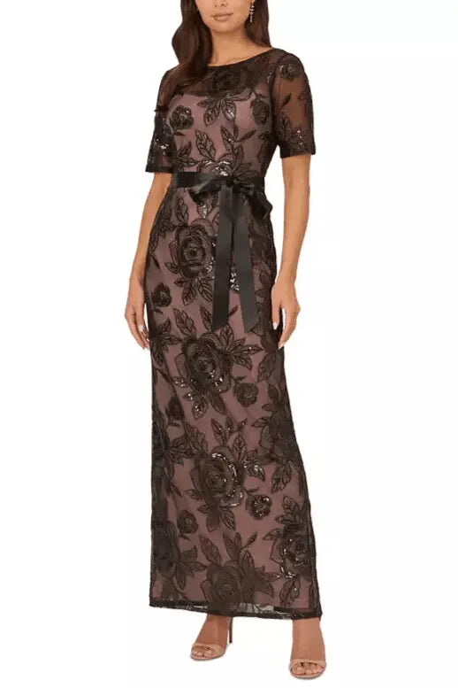 Elegant Black Floral Sheer Maxi Dress - European Style Evening Gown with Satin Belt Above The Crowd Boutique