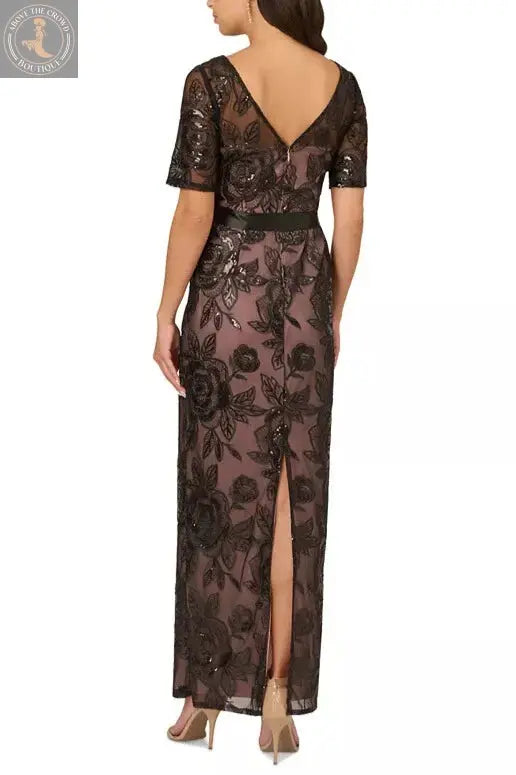 Elegant Black Floral Sheer Maxi Dress - European Style Evening Gown with Satin Belt Above The Crowd Boutique
