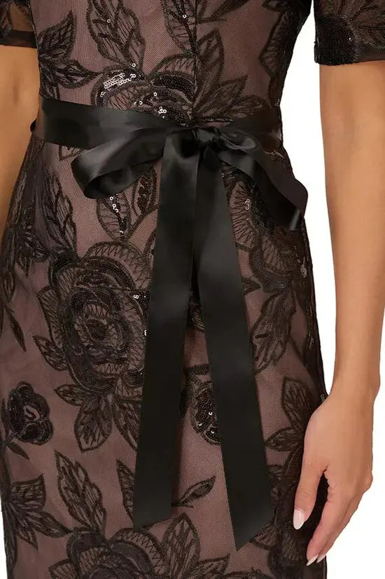 Elegant Black Floral Sheer Maxi Dress - European Style Evening Gown with Satin Belt Above The Crowd Boutique