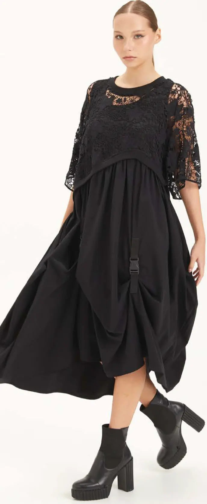 Elegant Black Mesh Cape Dress - European Style Oversized Midi Dress H-4