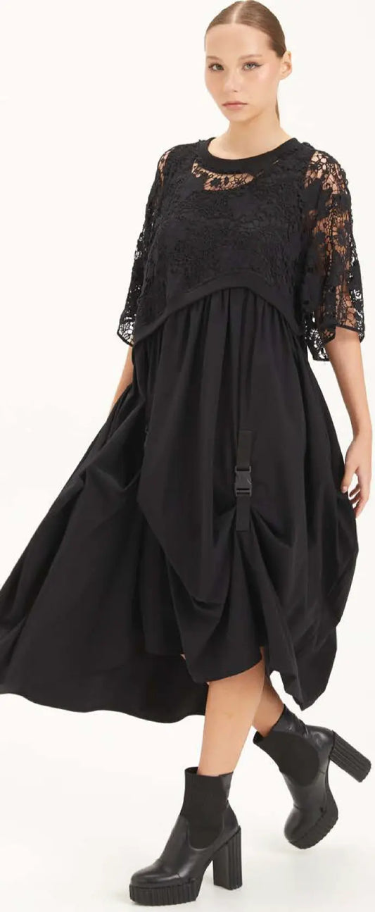 Elegant Black Mesh Cape Dress - European Style Oversized Midi Dress H-4