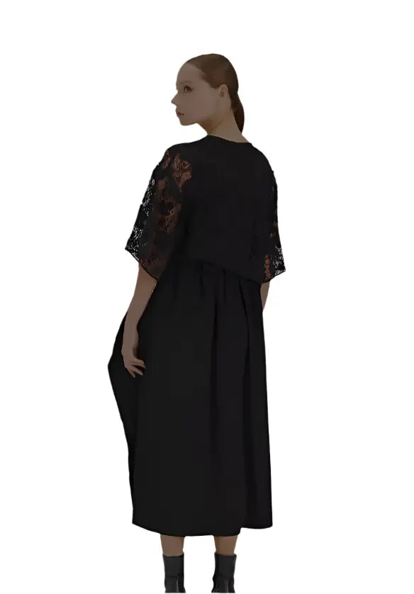 Elegant Black Mesh Cape Dress - European Style Oversized Midi Dress H-4