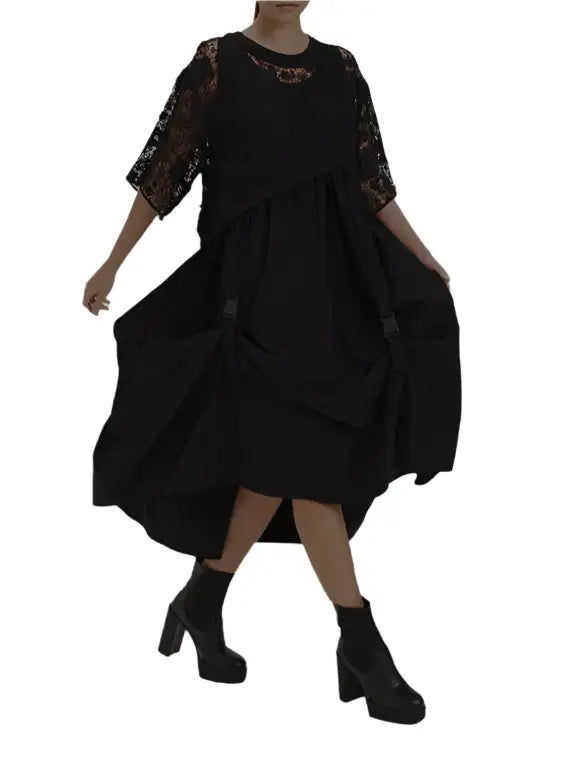 Elegant Black Mesh Cape Dress - European Style Oversized Midi Dress H-4